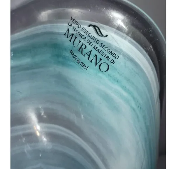 MURANO, Italy-Large, thick glass vase, ocean blue/white swirl colors ruffled top